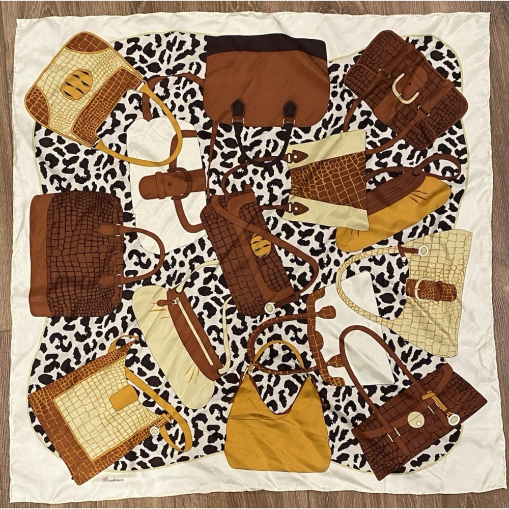Brahmin 100% Silk Square 34" Scarf Leopard Print with Purse Handbag Theme Signed